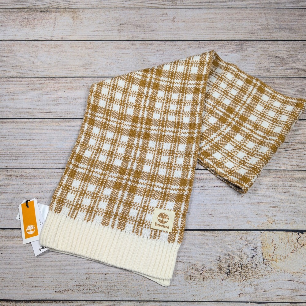 Timberland Plaid Knit Scarf Wheat Cream Acrylic Winter Outdoor One Size NWT
